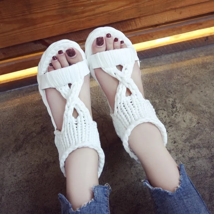 Women Knitted Hollow Criss Cross Muffin Platform Sandals