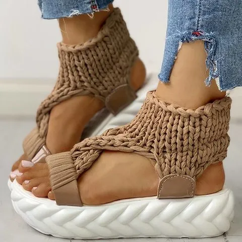 Women Knitted Hollow Criss Cross Muffin Platform Sandals