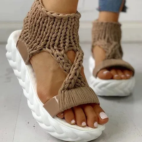 Women Knitted Hollow Criss Cross Muffin Platform Sandals