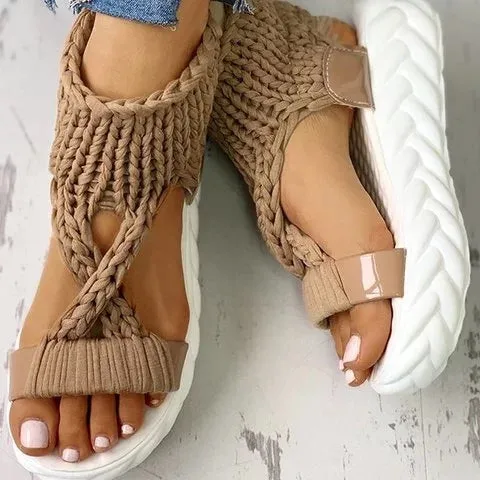 Women Knitted Hollow Criss Cross Muffin Platform Sandals