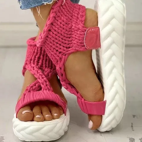 Women Knitted Hollow Criss Cross Muffin Platform Sandals