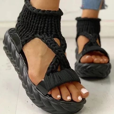 Women Knitted Hollow Criss Cross Muffin Platform Sandals