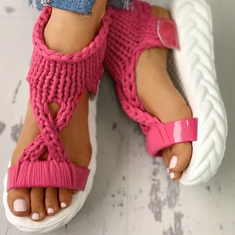 Women Knitted Hollow Criss Cross Muffin Platform Sandals