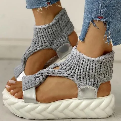 Women Knitted Hollow Criss Cross Muffin Platform Sandals