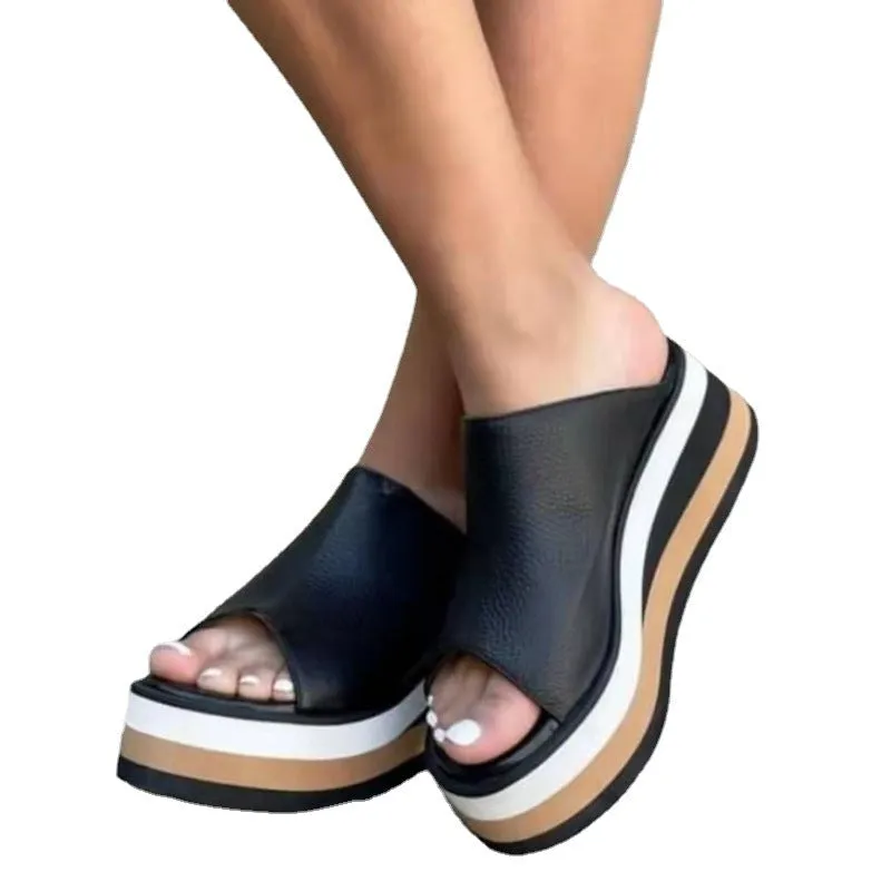 Women platform wedge color block peep toe slide sandals