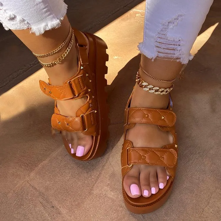 Women summer beach two strap magic tape slip on platform sandals