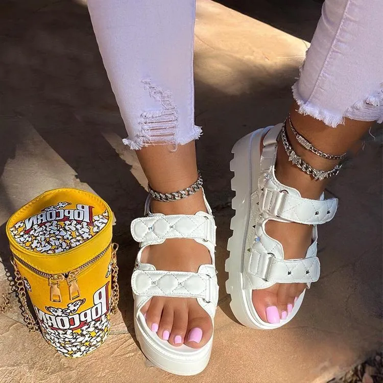 Women summer beach two strap magic tape slip on platform sandals