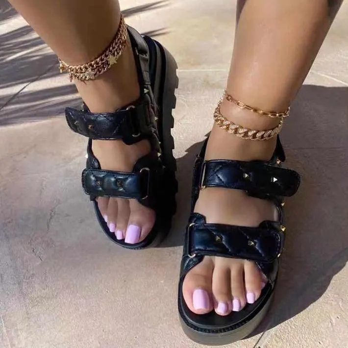 Women summer beach two strap magic tape slip on platform sandals