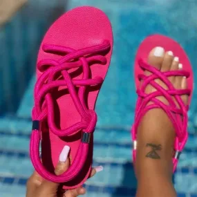 Women's criss cross flat slip on beach sandals neon color bright summer sandals