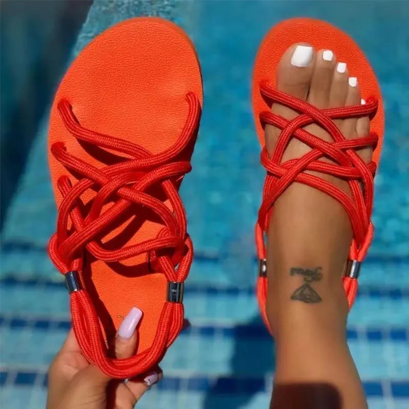 Women's criss cross flat slip on beach sandals neon color bright summer sandals