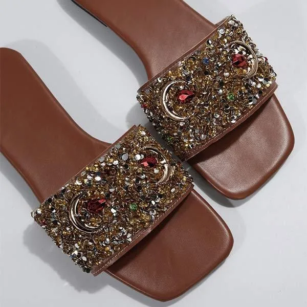Women's Flat Sandals with Full Rhinestone Embellishments 34810872C