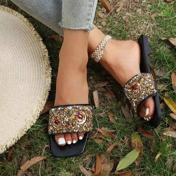 Women's Flat Sandals with Full Rhinestone Embellishments 34810872C