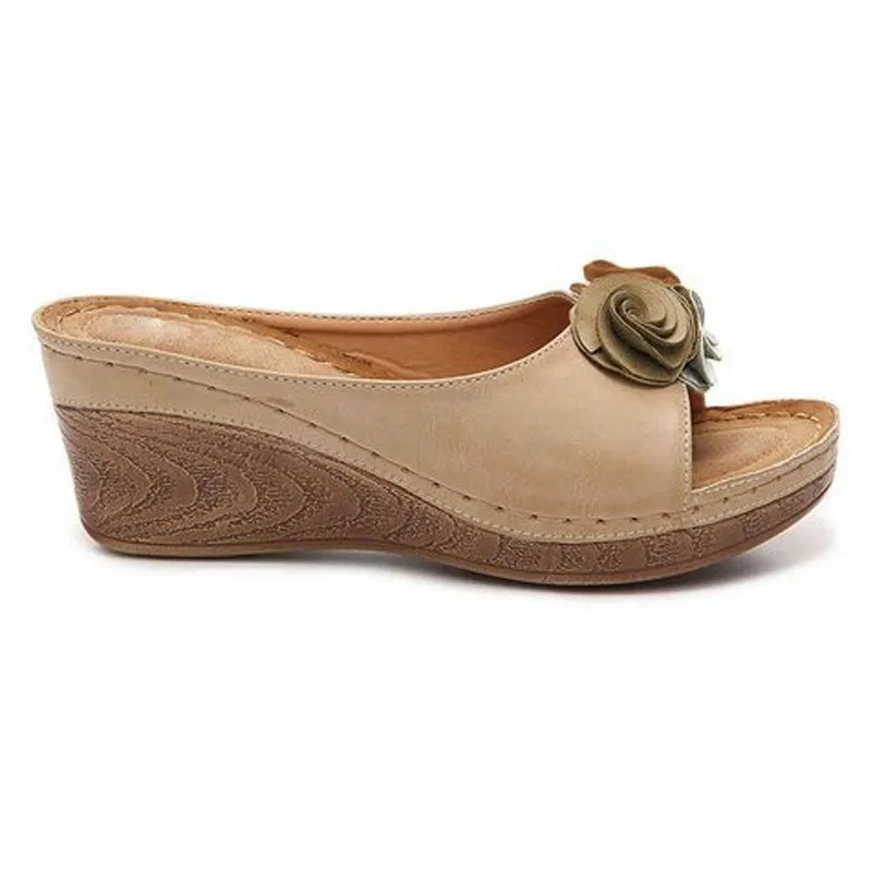 Women's flower decoration peep toe wedge heels slides | Backless summer outdoors slippers