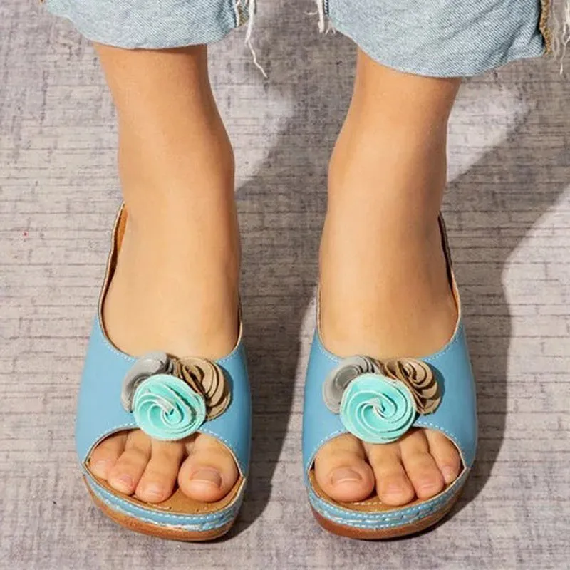 Women's flower decoration peep toe wedge heels slides | Backless summer outdoors slippers