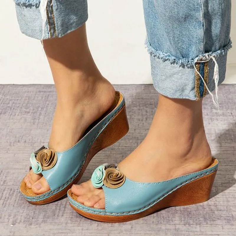 Women's flower decoration peep toe wedge heels slides | Backless summer outdoors slippers