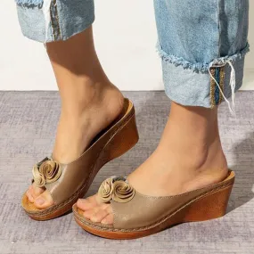 Women's flower decoration peep toe wedge heels slides | Backless summer outdoors slippers