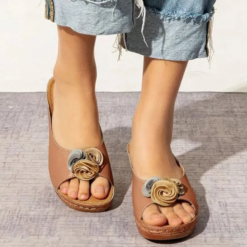 Women's flower decoration peep toe wedge heels slides | Backless summer outdoors slippers