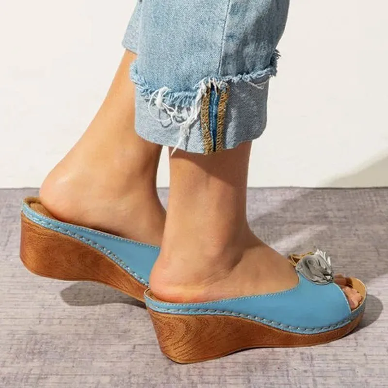 Women's flower decoration peep toe wedge heels slides | Backless summer outdoors slippers