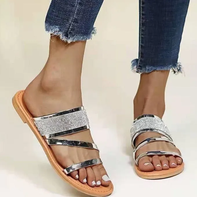Women's gold silver metal sequin open toe beach slide sandals