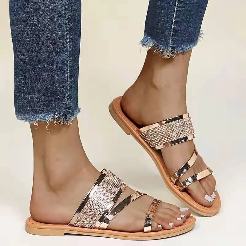 Women's gold silver metal sequin open toe beach slide sandals