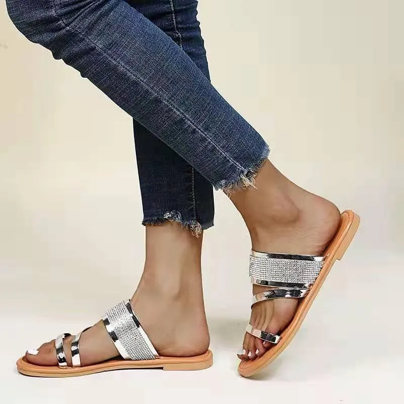 Women's gold silver metal sequin open toe beach slide sandals
