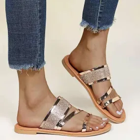 Women's gold silver metal sequin open toe beach slide sandals