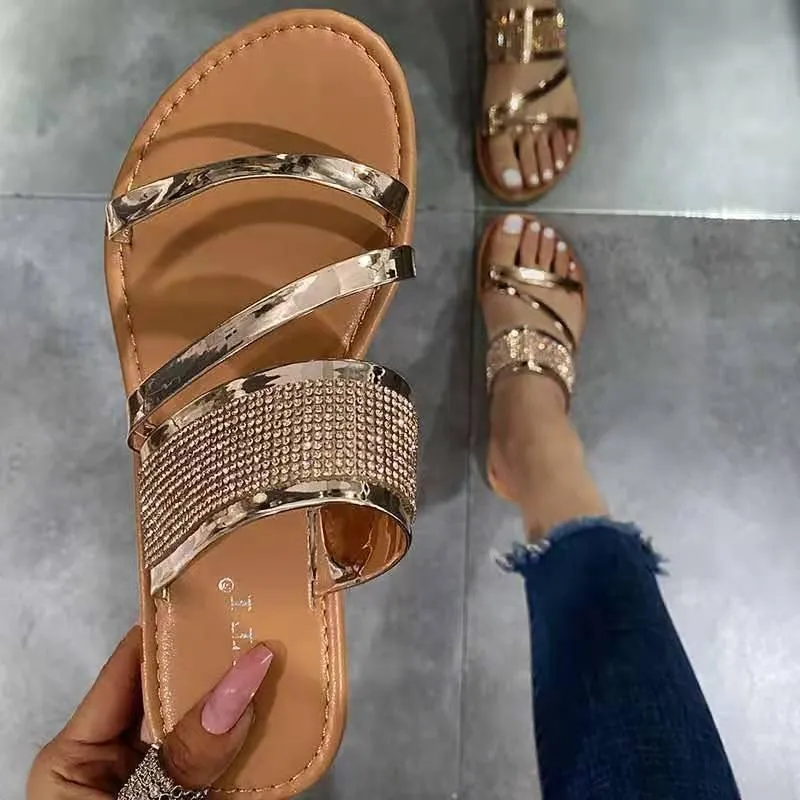 Women's gold silver metal sequin open toe beach slide sandals