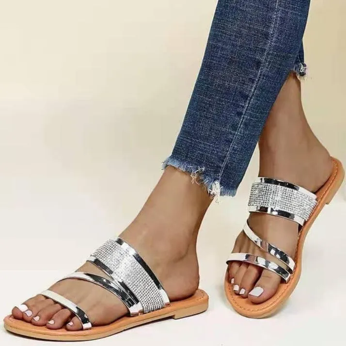 Women's gold silver metal sequin open toe beach slide sandals