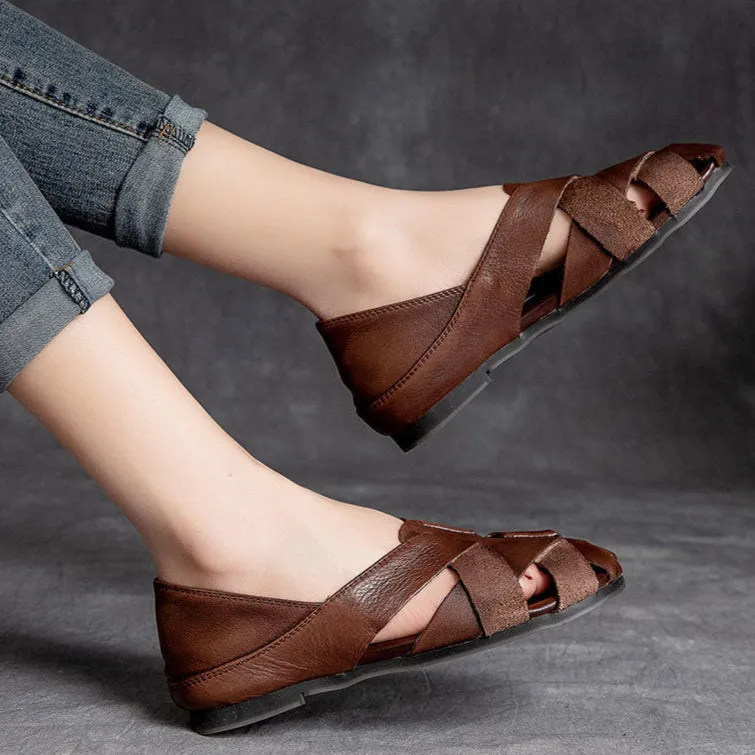 Women's Handmade Leather Retro Weaving Round Toe Summer Flat Sandals