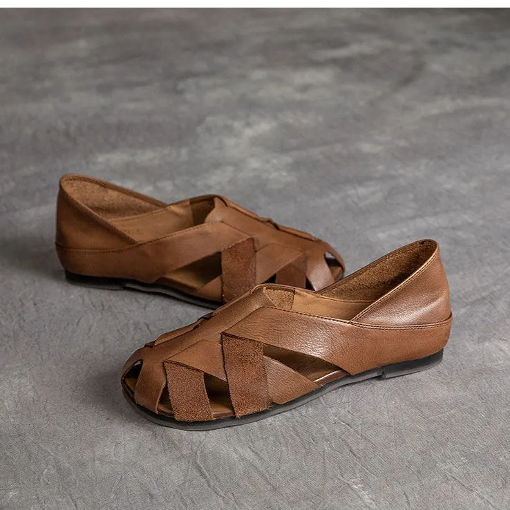 Women's Handmade Leather Retro Weaving Round Toe Summer Flat Sandals