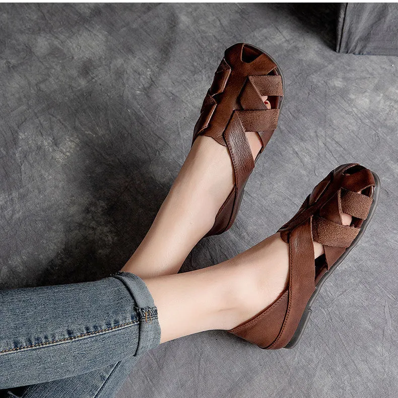 Women's Handmade Leather Retro Weaving Round Toe Summer Flat Sandals