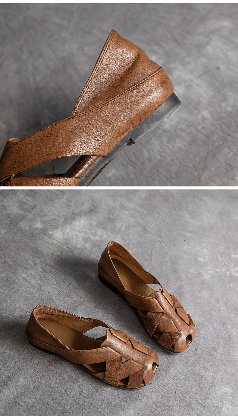 Women's Handmade Leather Retro Weaving Round Toe Summer Flat Sandals