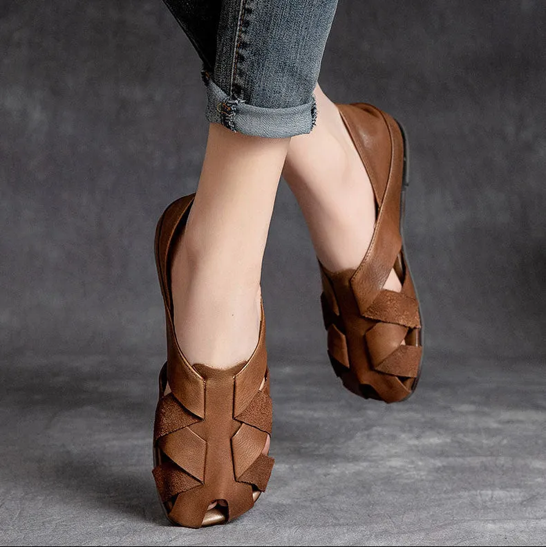 Women's Handmade Leather Retro Weaving Round Toe Summer Flat Sandals