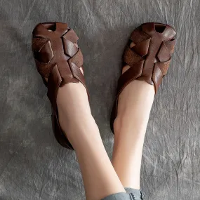 Women's Handmade Leather Retro Weaving Round Toe Summer Flat Sandals