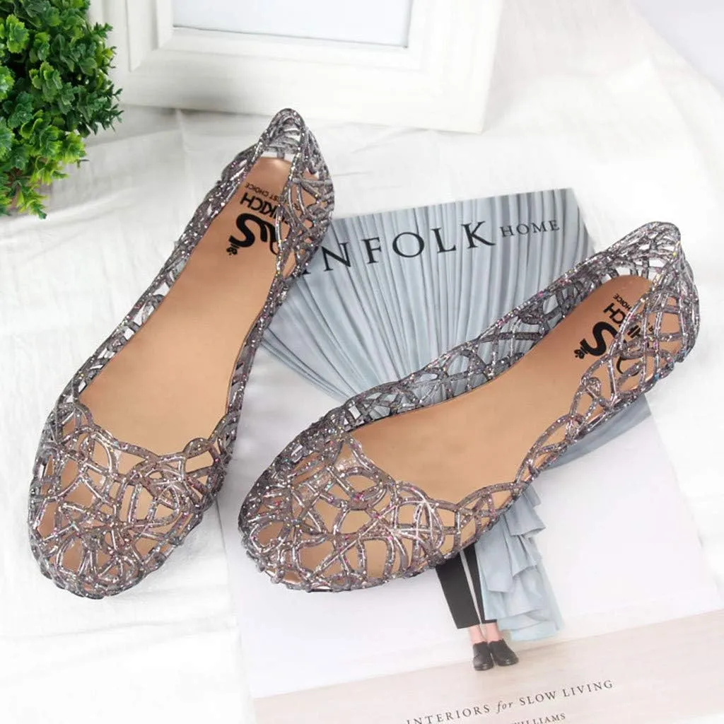 Women's Jelly Ballet Flat Shoes Beach Slip On Jelly Sandals Hollow Out Casual Garden Shoes Sandal for Women Casual Dress