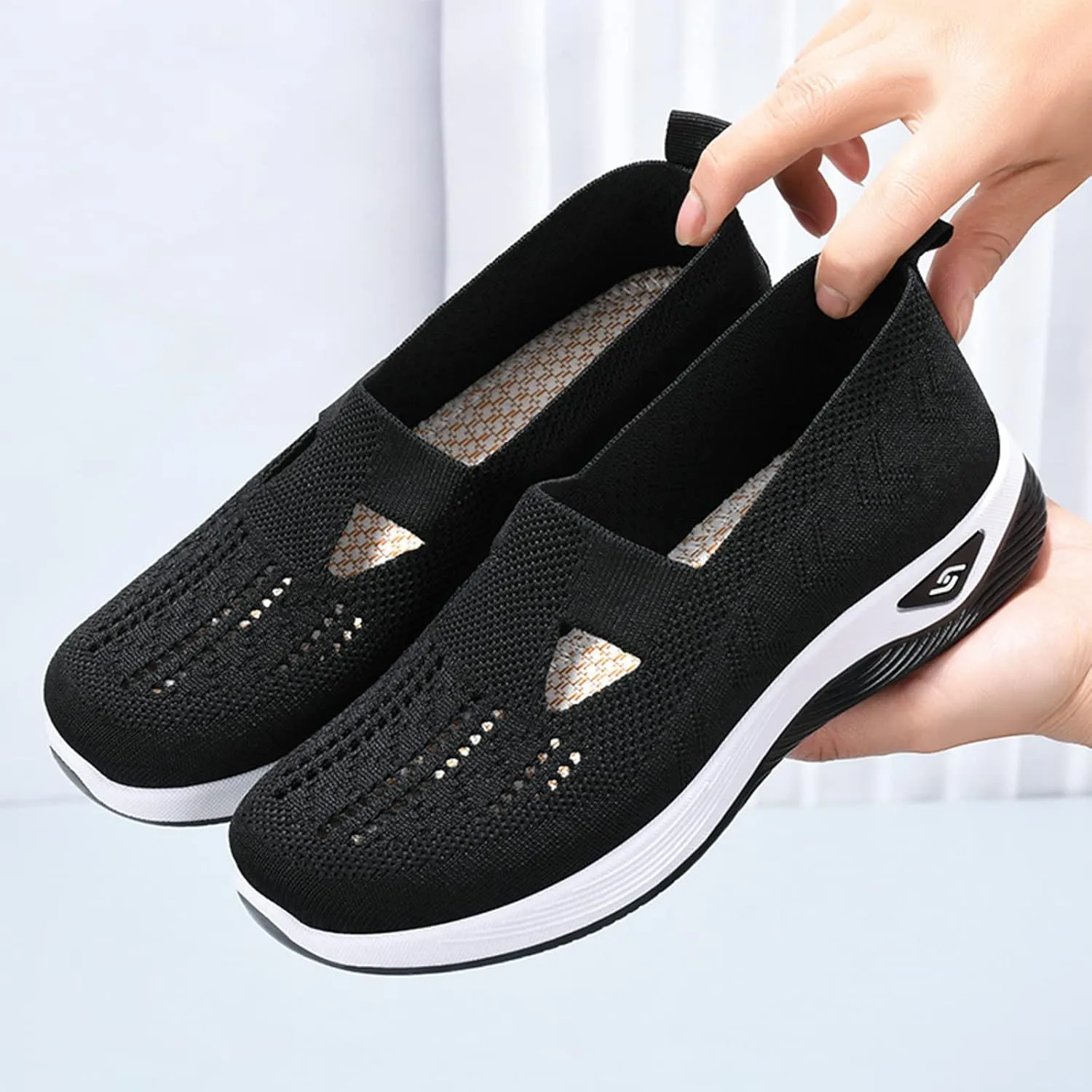 Women's Woven Breathable Soft Sole Shoes Arch Support Knit Upper Stretch Slip on Casual Orthopedic Sneakers Summer