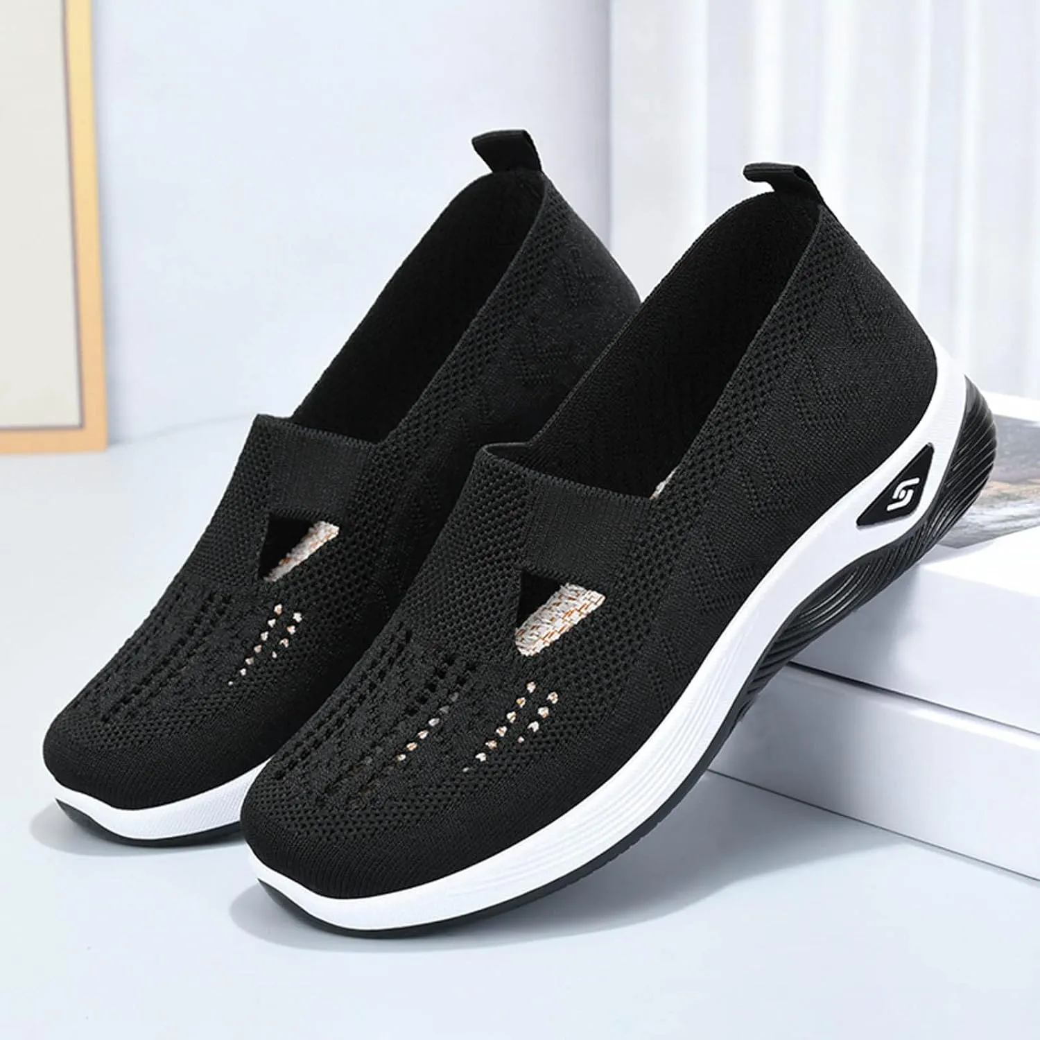 Women's Woven Breathable Soft Sole Shoes Arch Support Knit Upper Stretch Slip on Casual Orthopedic Sneakers Summer