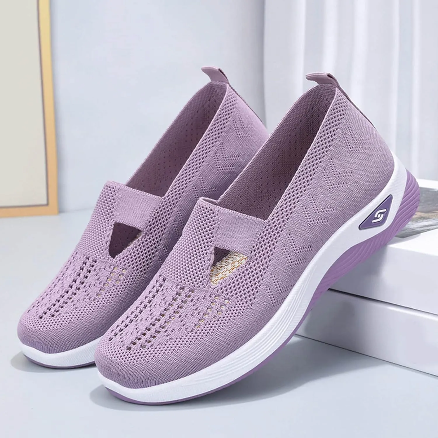 Women's Woven Breathable Soft Sole Shoes Arch Support Knit Upper Stretch Slip on Casual Orthopedic Sneakers Summer