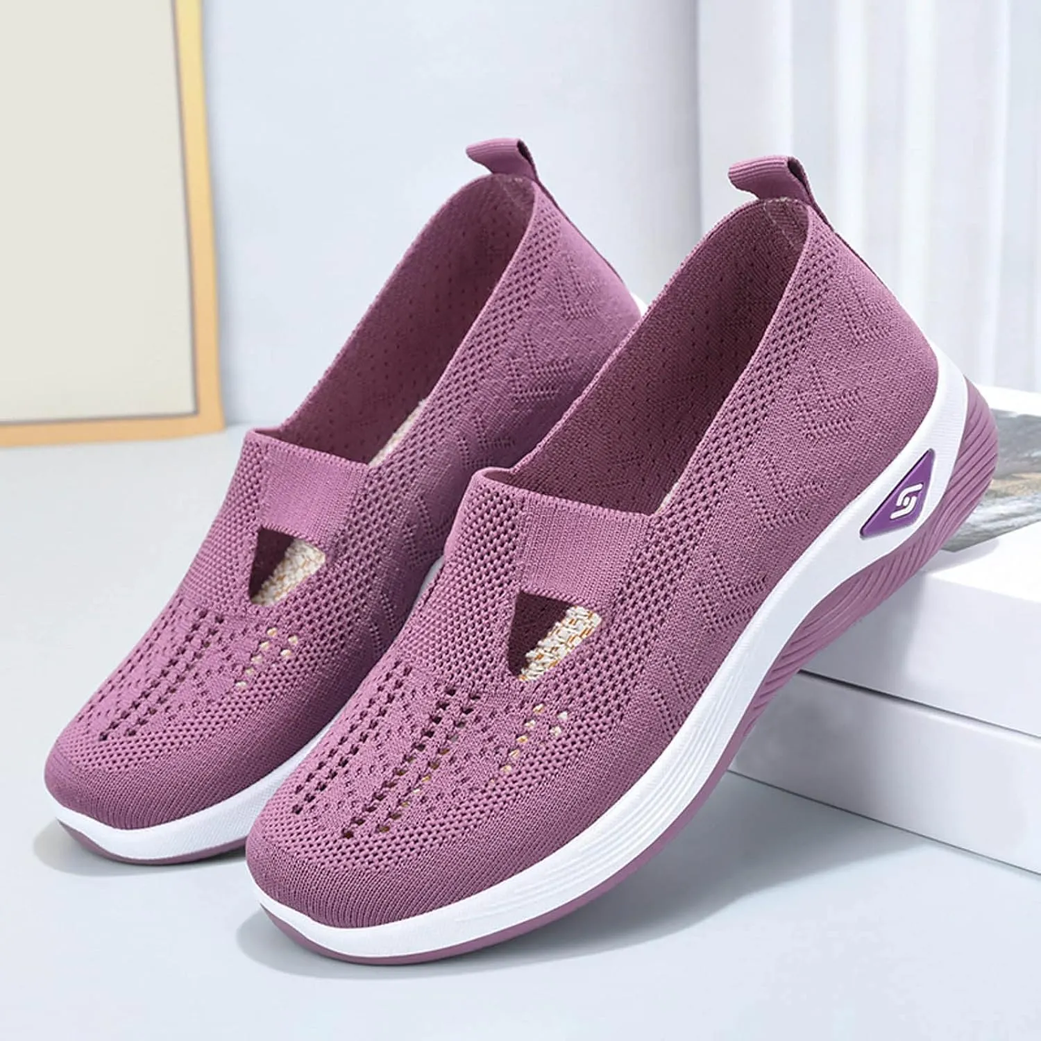 Women's Woven Breathable Soft Sole Shoes Arch Support Knit Upper Stretch Slip on Casual Orthopedic Sneakers Summer
