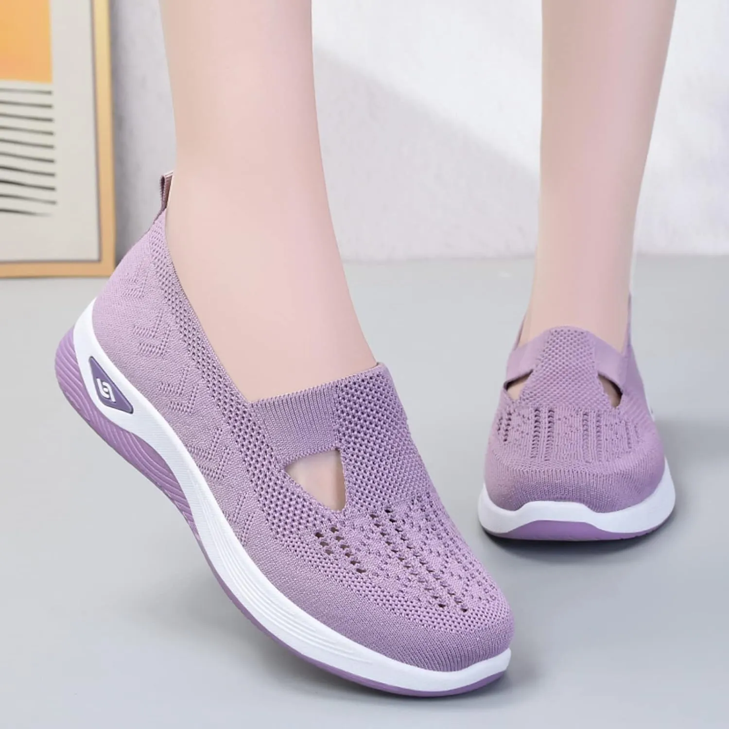 Women's Woven Breathable Soft Sole Shoes Arch Support Knit Upper Stretch Slip on Casual Orthopedic Sneakers Summer