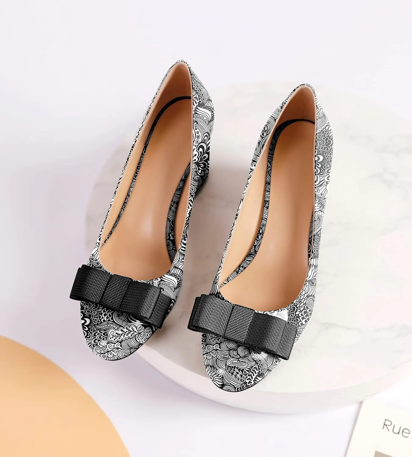 YODEKS Women Low Block Chunky Heels Round Toe Sexy Slip On Pumps 2.5 Inch Mid Heel Elegant Black Bow Comfort Shoes