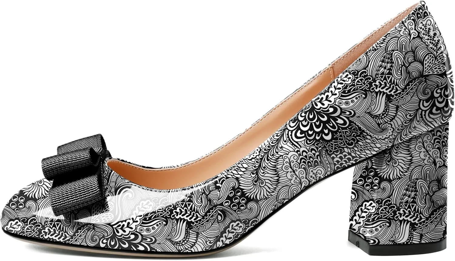 YODEKS Women Low Block Chunky Heels Round Toe Sexy Slip On Pumps 2.5 Inch Mid Heel Elegant Black Bow Comfort Shoes