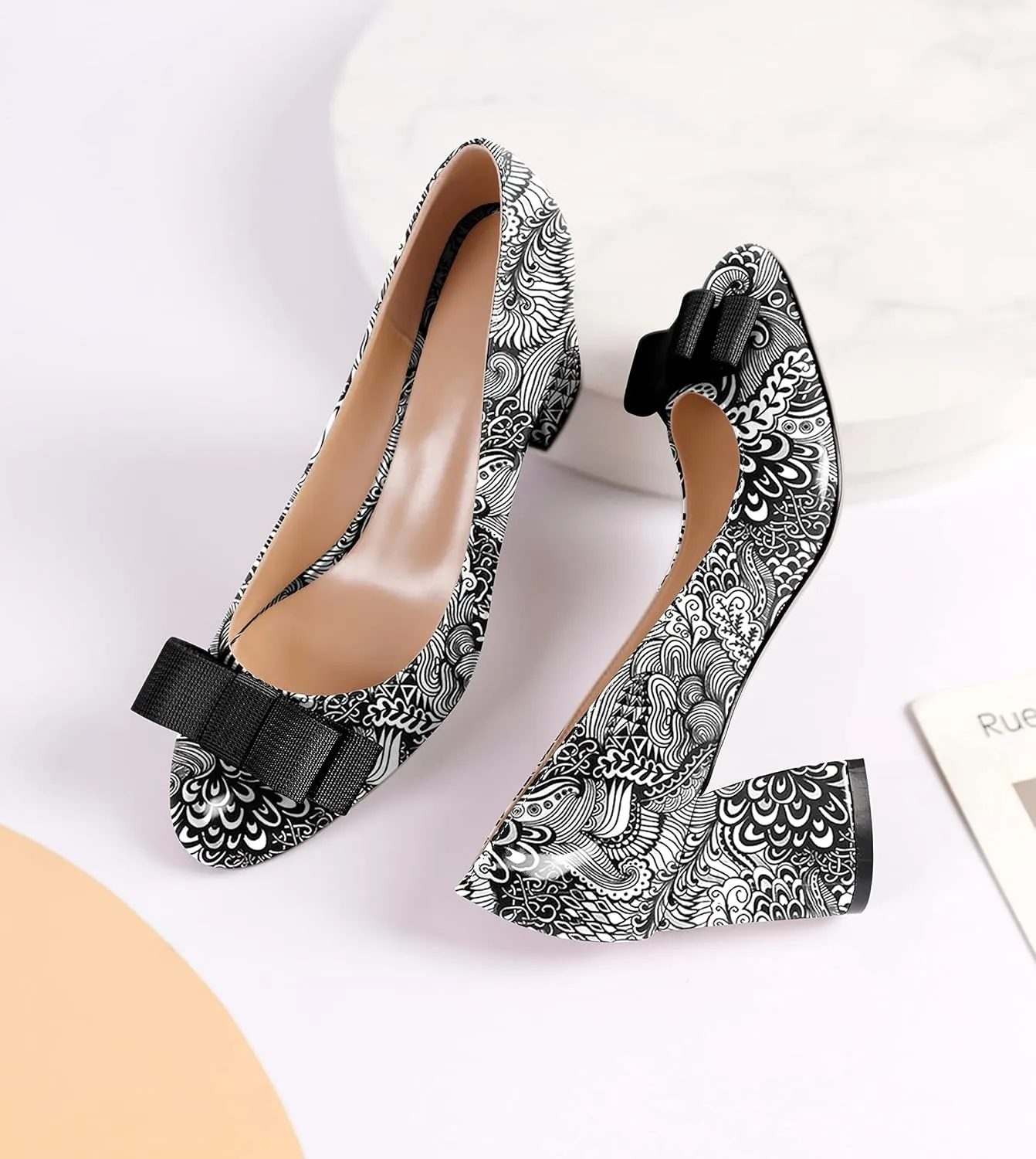 YODEKS Women Low Block Chunky Heels Round Toe Sexy Slip On Pumps 2.5 Inch Mid Heel Elegant Black Bow Comfort Shoes